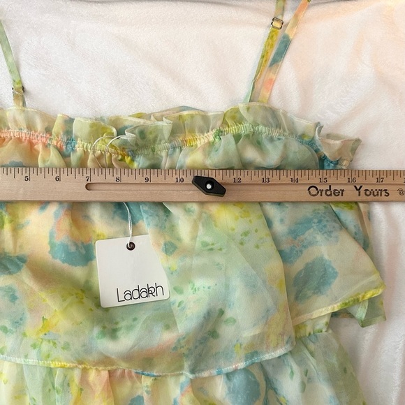 NEW Ladakh Watercolor Chiffon Sleeveless Maxi Dress 6 sundress flowy yellow blue - Picture 5 of 10